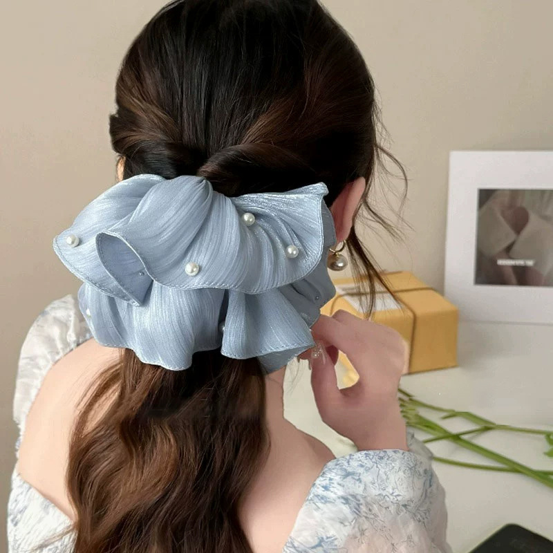 Travel Accessories High End - 주름 장식이 있는 진주 메쉬 헤어밴드,