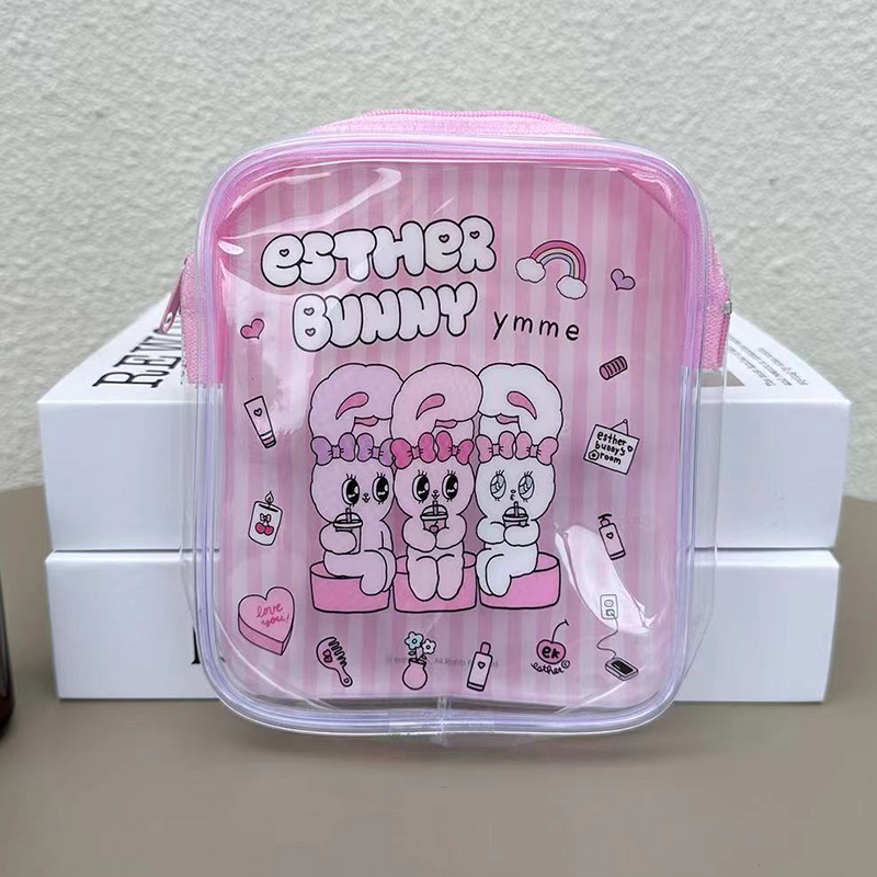귀여운 에스더 버니 투명 메이크업 가방 핑크 줄무늬 P - Travel Accessories Toiletry Bag 리뷰 및 가격